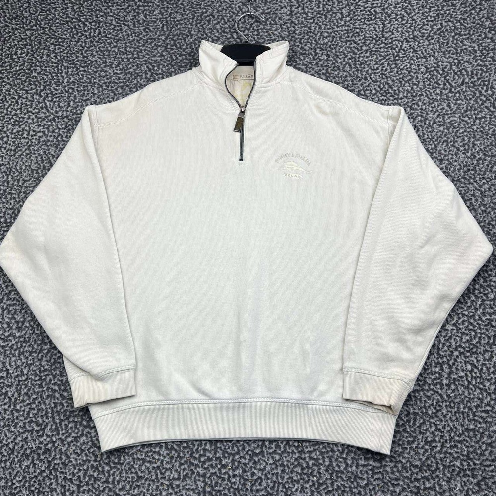 Tommy Bahama Relax Sweatshirt Men Medium White 1/4 Zip Pullover Cotton M